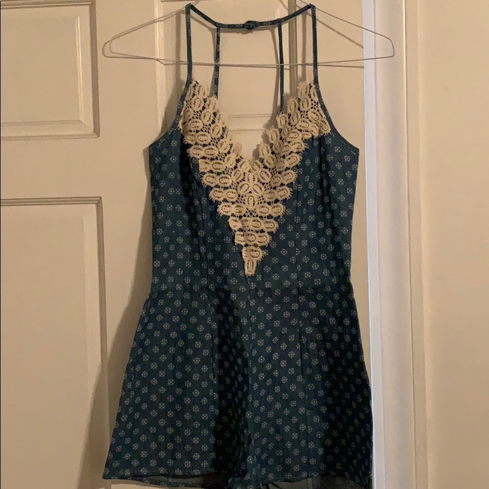 Denim Romper w/ lace neckline
